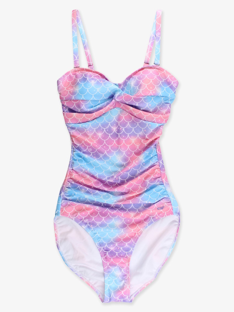 Line drawing of a swimsuit. A dotted circle is placed on the front center of the swimsuit's chest area, indicating the approximate location for personalization.