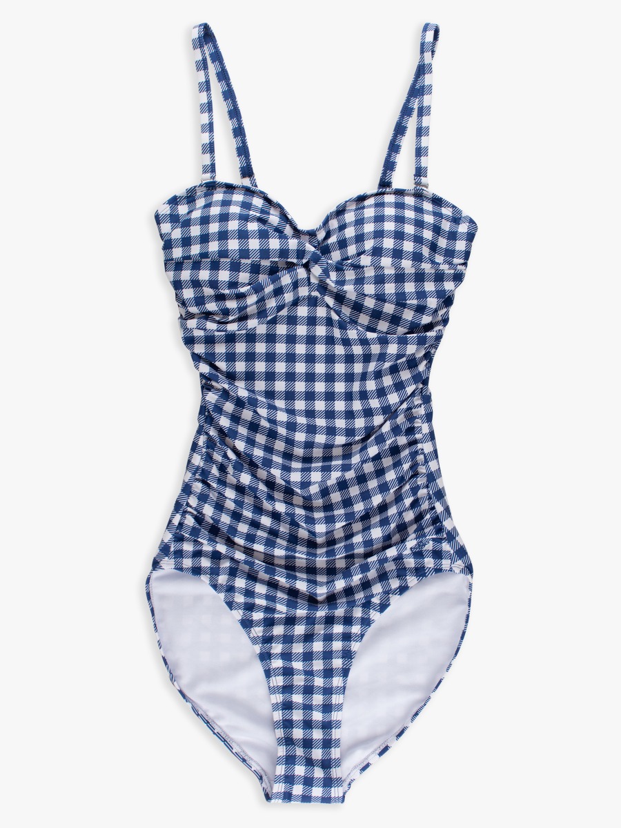 Line drawing of Navy & White Gingham Women's Convertible Bandeau One Piece Swimsuit. A dotted circle indicates the approximate location for personalization.