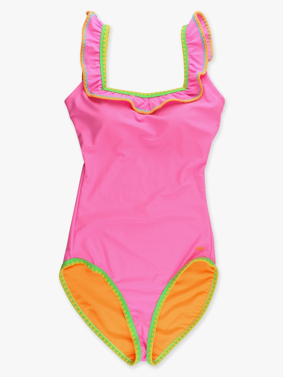 Line drawing of Neon Pink Women's Crochet Ruffle One Piece Swimsuit. A dotted circle indicates the approximate location for personalization.