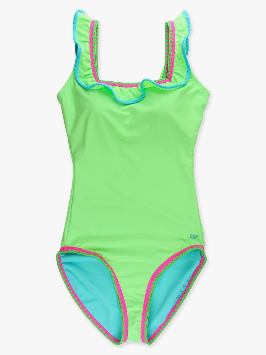 Line drawing of Neon Honeydew Women's Crochet Ruffle One Piece Swimsuit. A dotted circle indicates the approximate location for personalization.