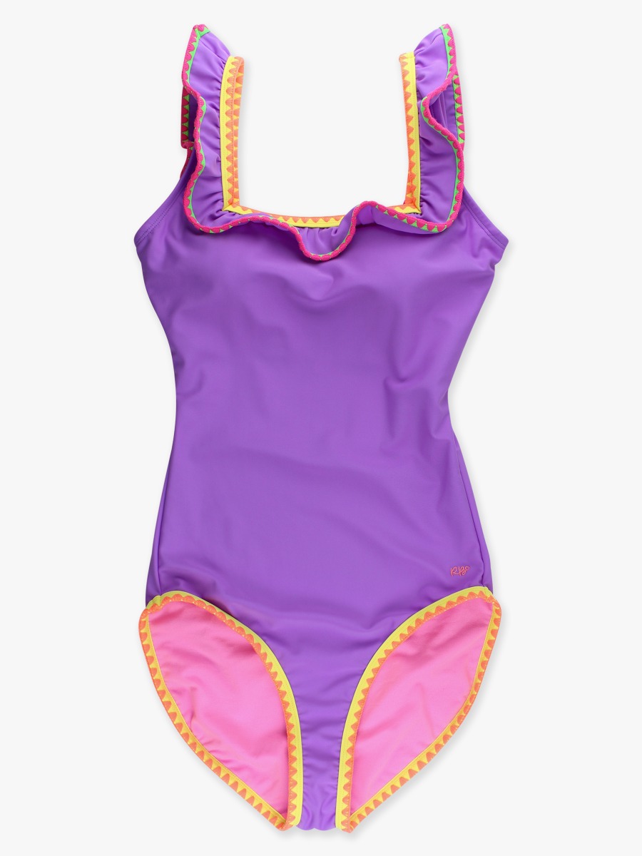 Line drawing of Neon Purple Women's Crochet Ruffle One Piece Swimsuit. A dotted circle indicates the approximate location for personalization.