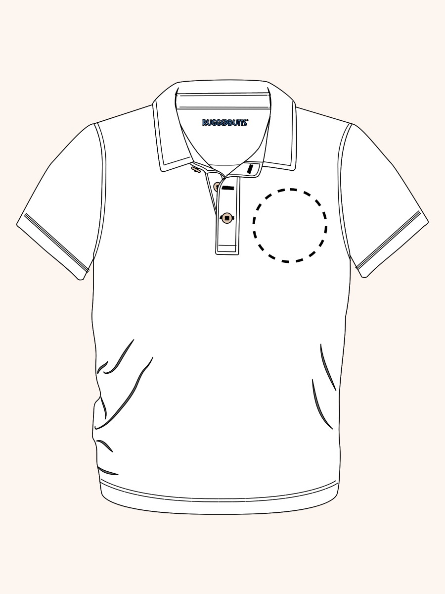 Line drawing of Tiny Blue Batter Up Men's Knit Short Sleeve Performance Polo. A dotted circle indicates the approximate location for personalization.