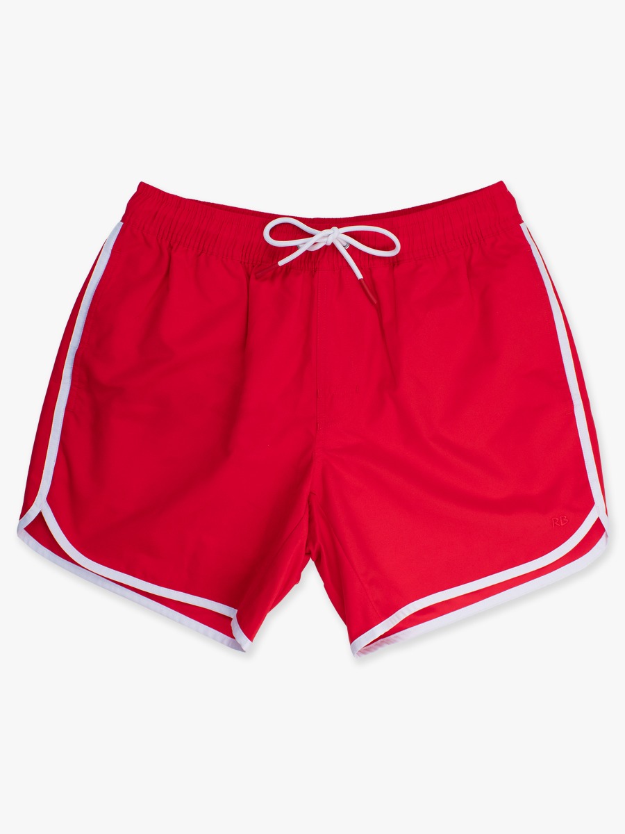 Vintage Red Men's Dolphin Hem Swim Trunks