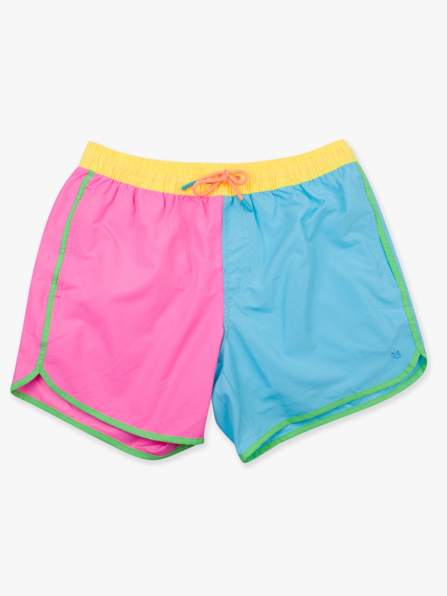 Neon Color Block Men's Dolphin Hem Swim Trunks