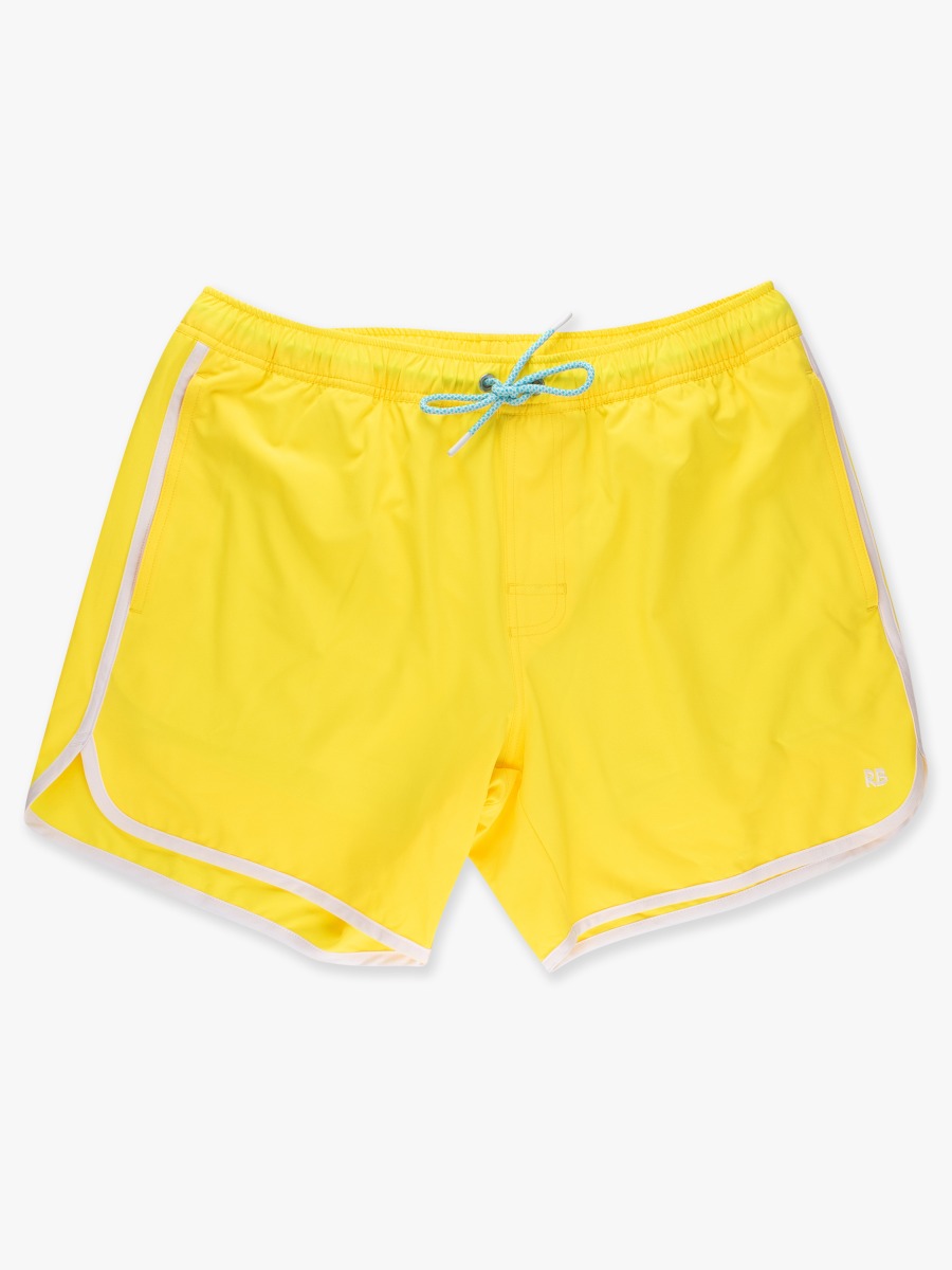 Line drawing of Neon Yellow Men's Performance Dolphin Hem Swim Trunks. A dotted circle indicates the approximate location for personalization.