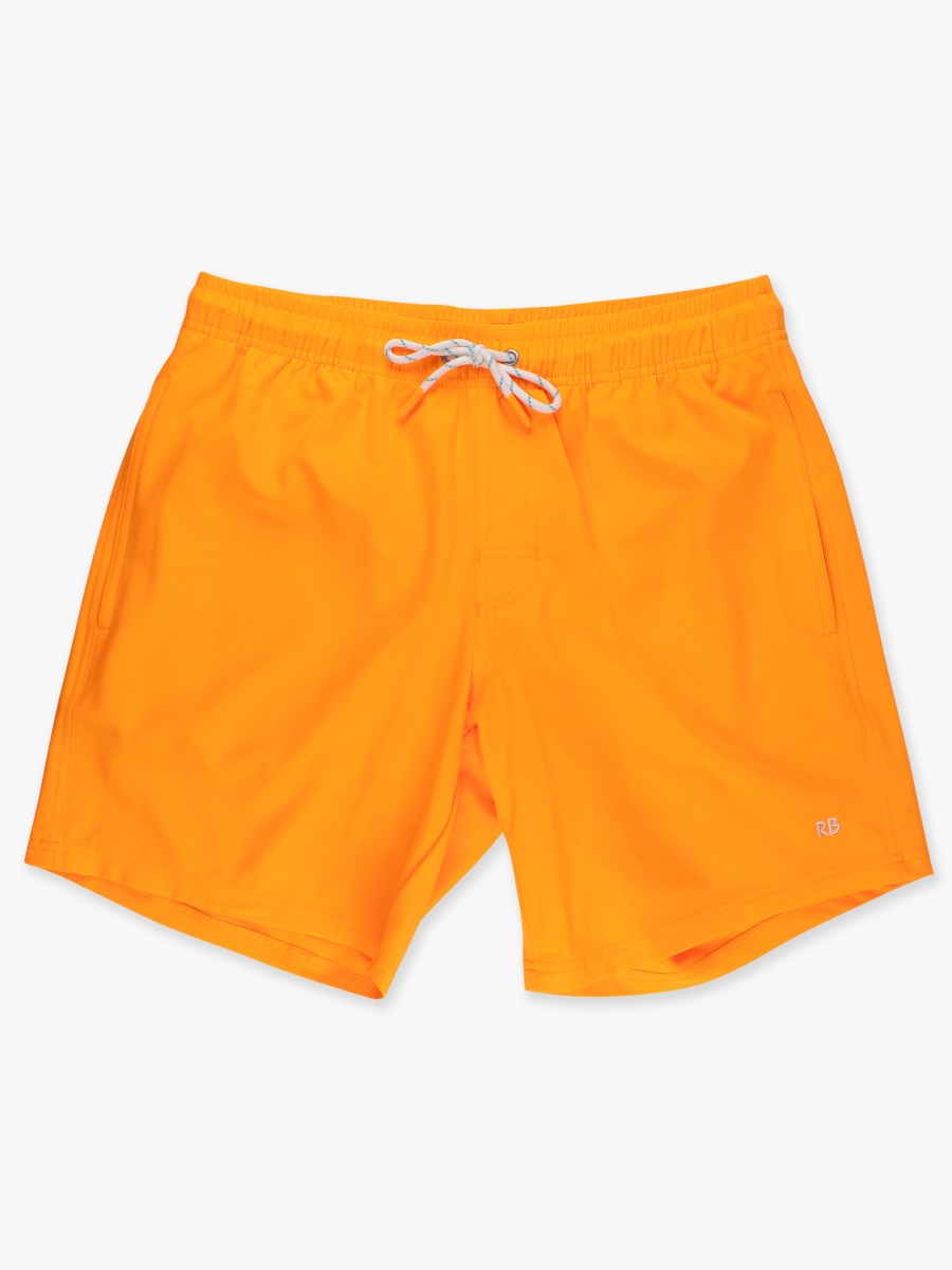Line drawing of Neon Orange Men's Performance Hybrid Swim Trunks. A dotted circle indicates the approximate location for personalization.