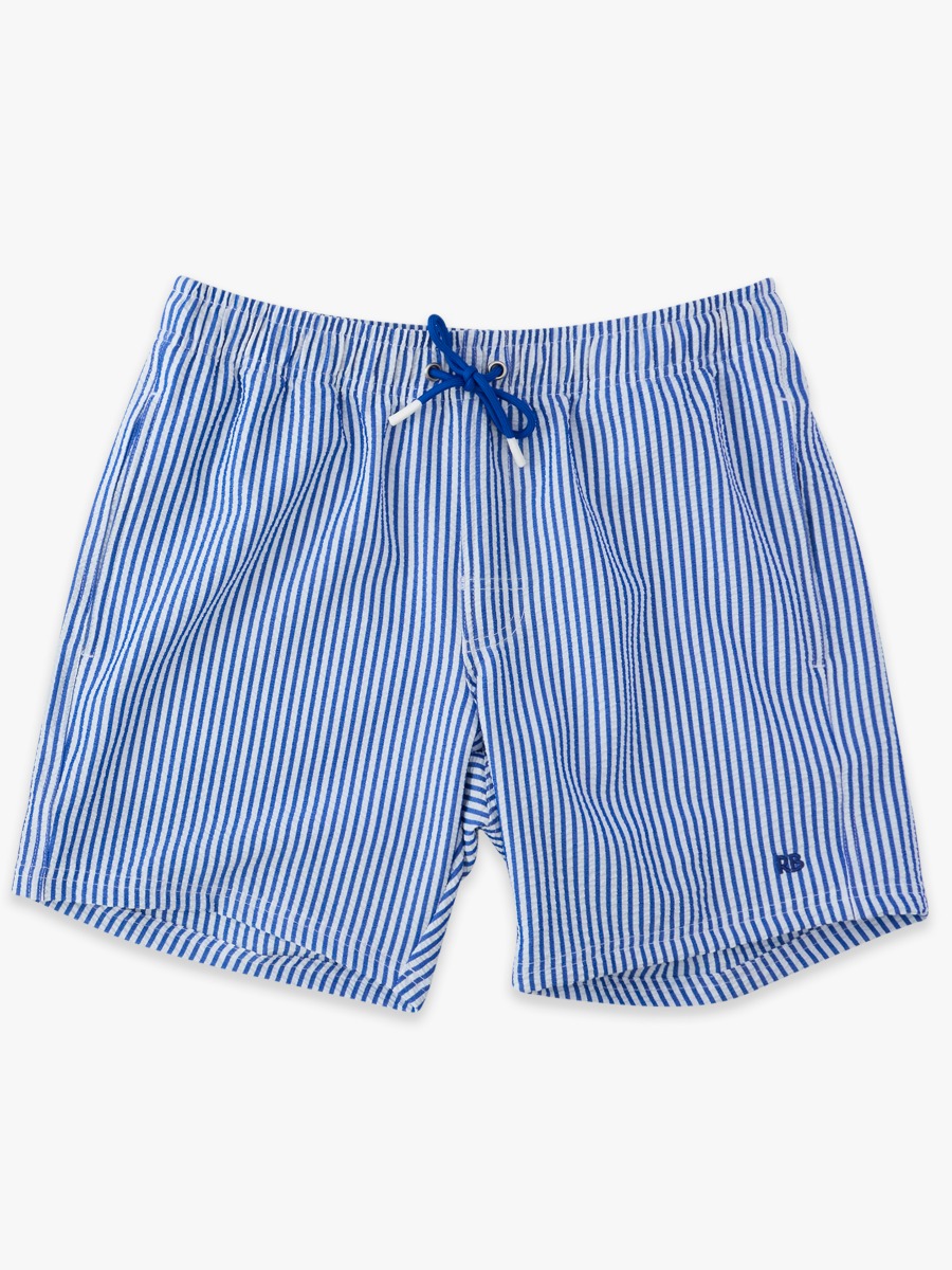 Line drawing of Blue Seersucker Men's Performance Hybrid Swim Trunks. A dotted circle indicates the approximate location for personalization.