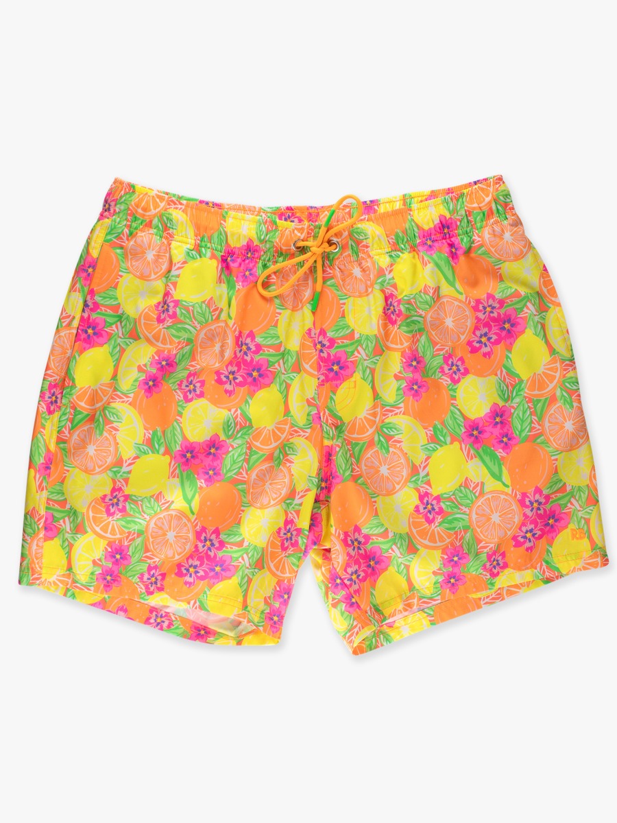 Line drawing of Neon Squeeze the Day Men's Performance Hybrid Swim Trunks. A dotted circle indicates the approximate location for personalization.