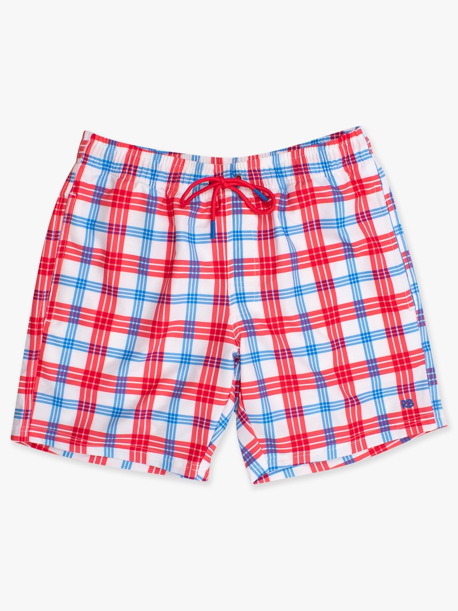 Line drawing of Lincoln Plaid Men's Performance Hybrid Swim Trunks. A dotted circle indicates the approximate location for personalization.