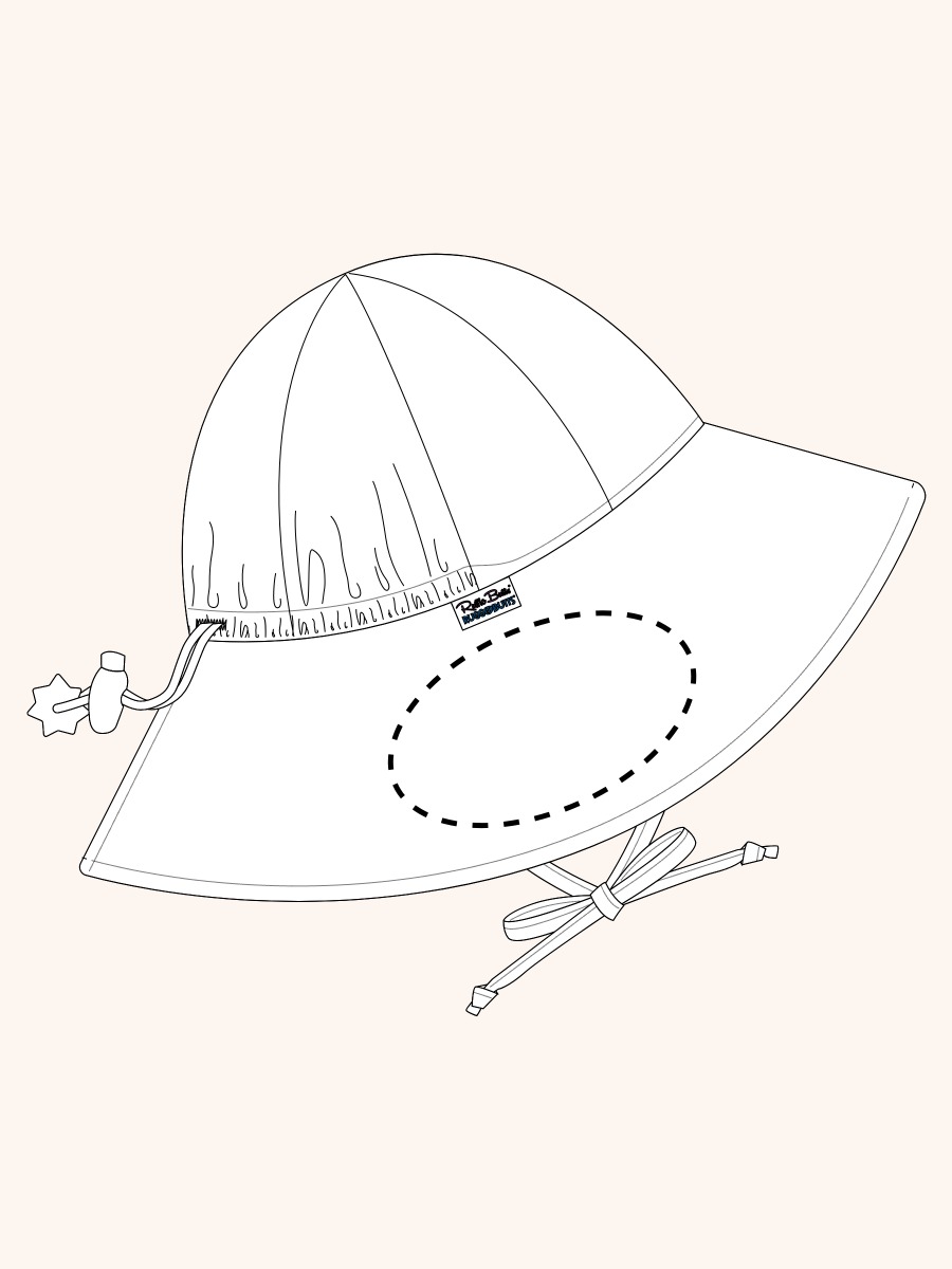 Line drawing of Sonic Blue Sun Protective Hat. A dotted circle indicates the approximate location for personalization.