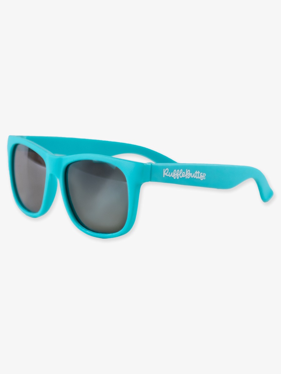 Line drawing of Bright Aqua Classic Sunglasses. A dotted circle indicates the approximate location for personalization.