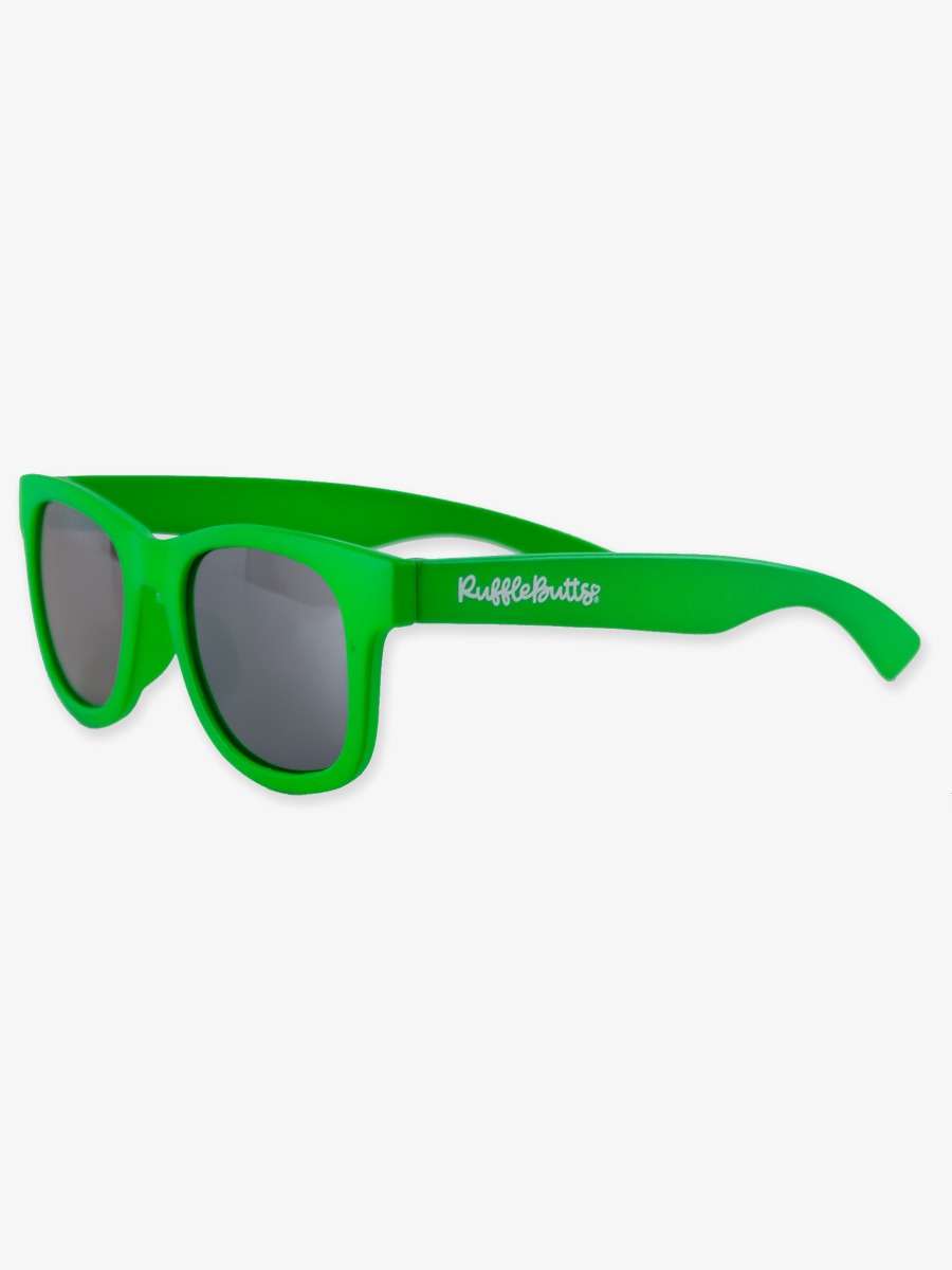 Line drawing of Neon Lime Classic Sunglasses. A dotted circle indicates the approximate location for personalization.
