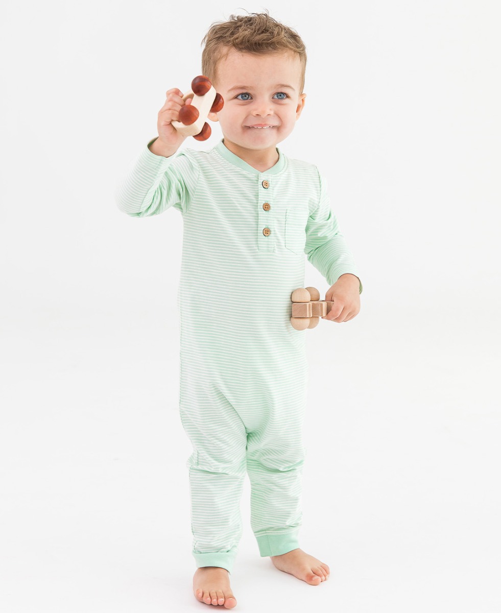 Tiny Mint Stripe Knit Henley Pocket Romper