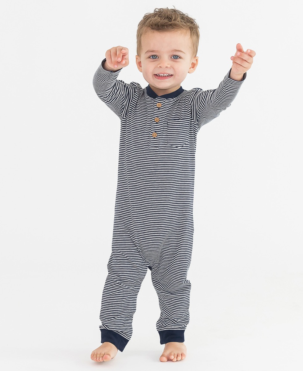 Tiny Navy Stripe Knit Henley Pocket Romper