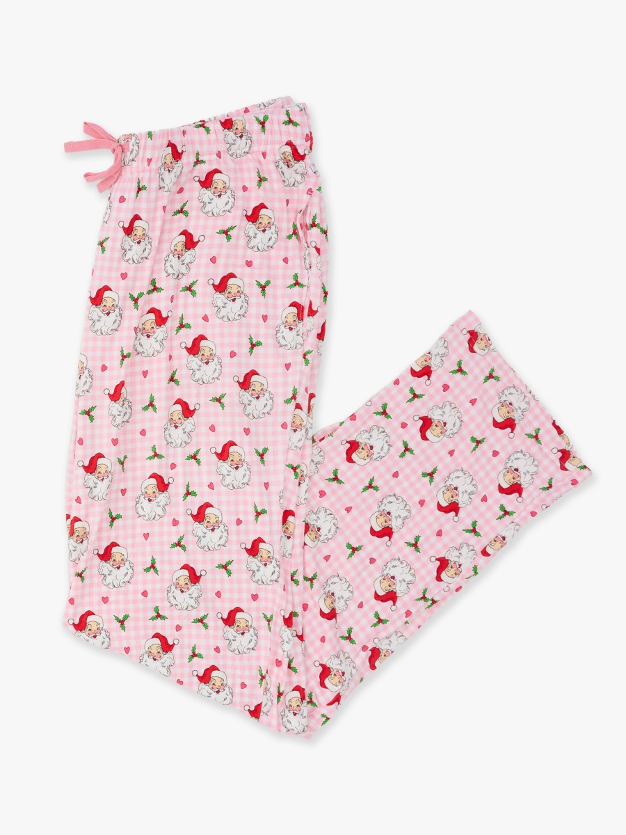 Line drawing of Dear Santa Adult Pajama Pants, Bamboo Viscose. A dotted circle indicates the approximate location for personalization.