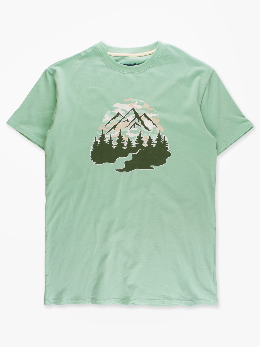 Line drawing of Camo Sunrise Sage Adult Short Sleeve Graphic Tee. A dotted circle indicates the approximate location for personalization.