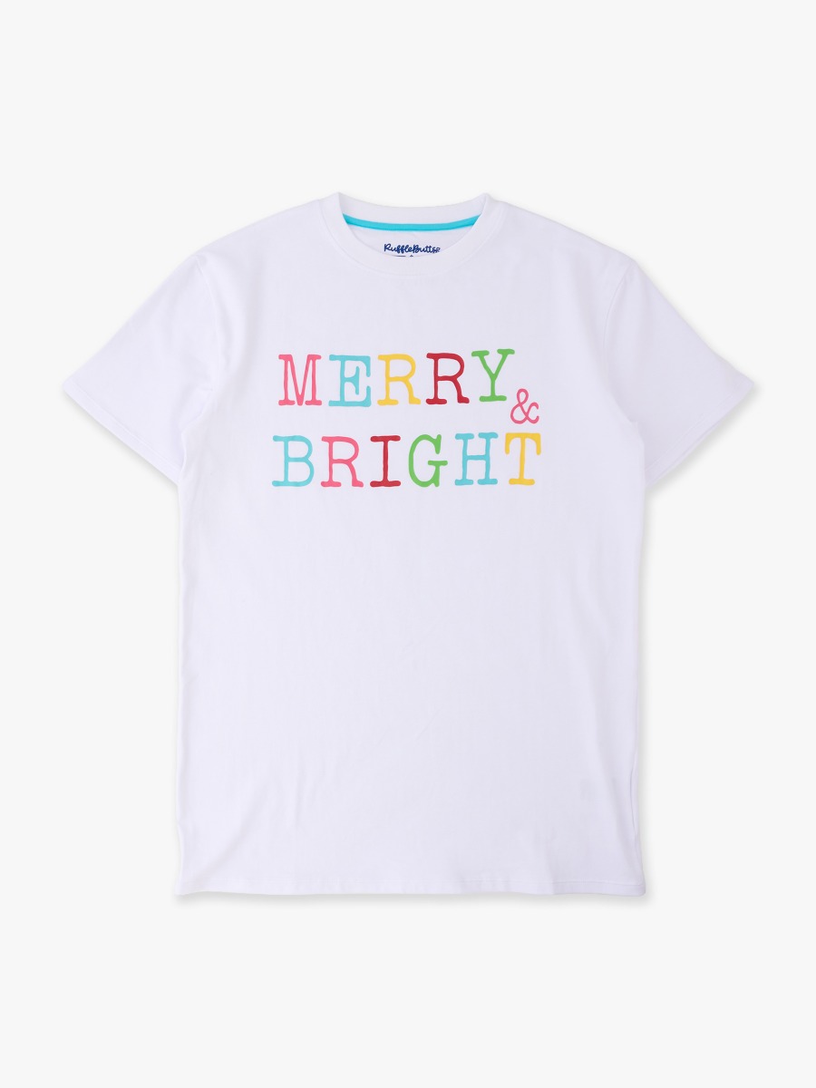 Line drawing of Merry & Bright White Adult Short Sleeve Graphic Tee. A dotted circle indicates the approximate location for personalization.