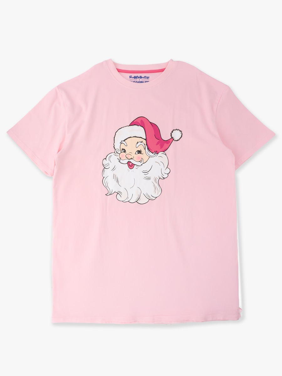 Line drawing of Santa Joy Pink Adult Short Sleeve Graphic Tee. A dotted circle indicates the approximate location for personalization.