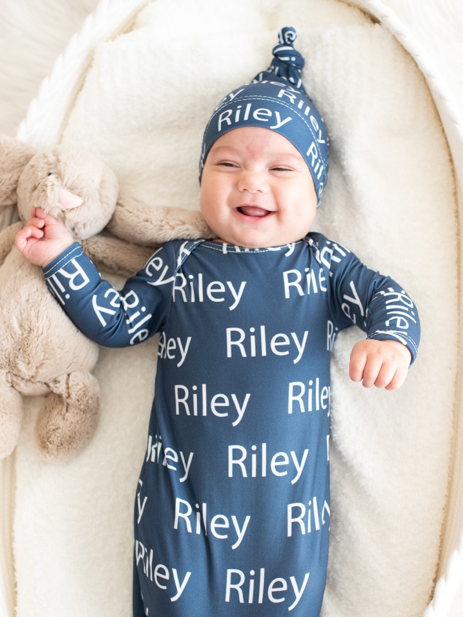 Dark Navy Personalized Name Knotted Sleep Gown - Newborn-3m