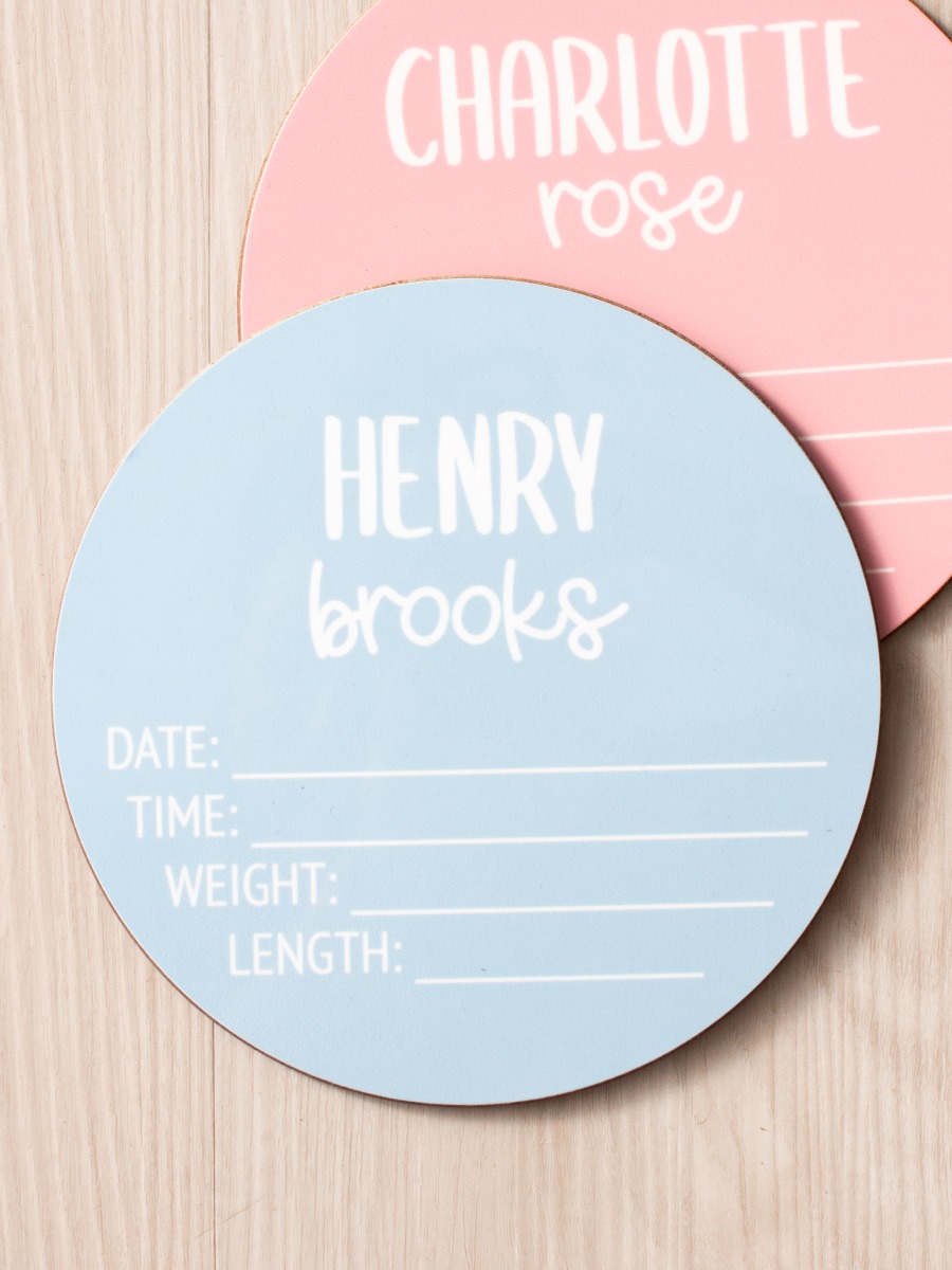 Light Blue Birth Stats Baby Name Sign - 6" Round