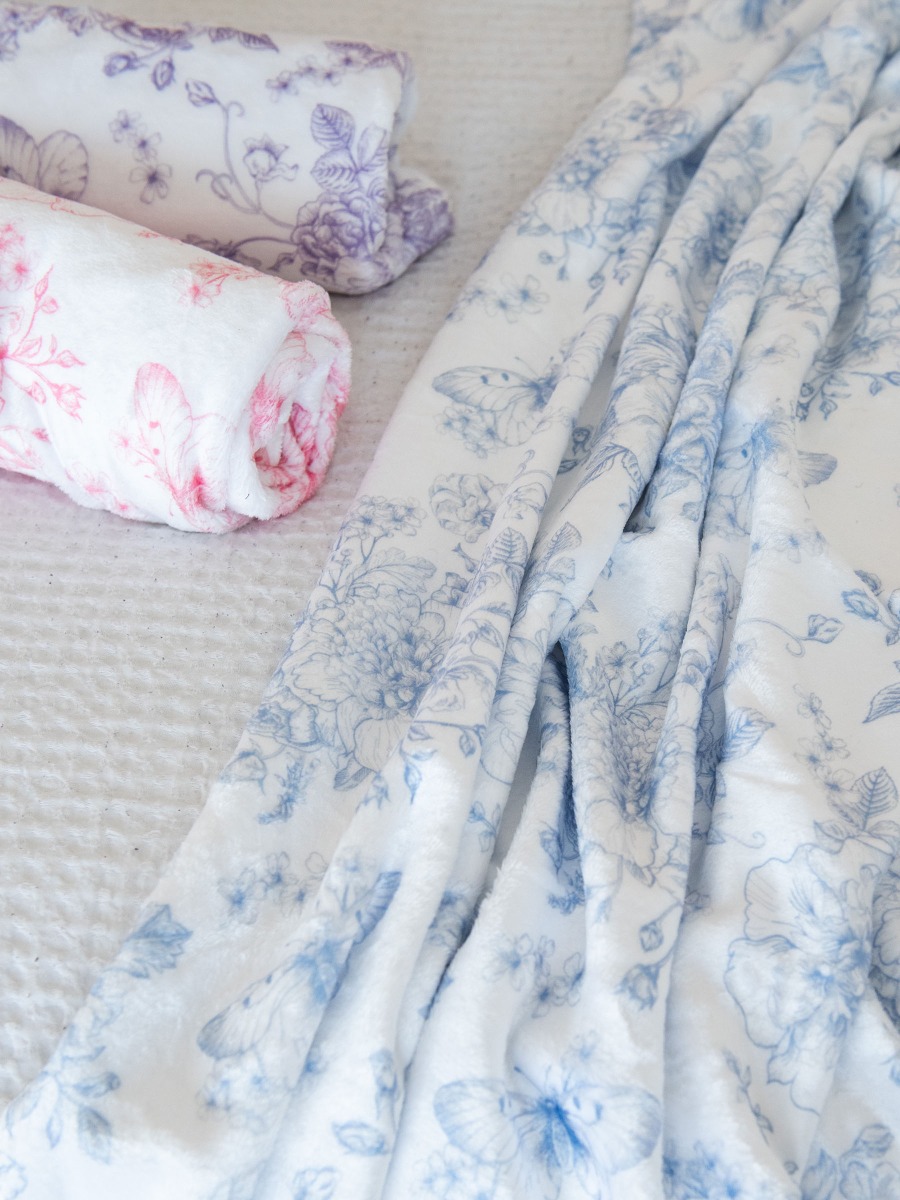 Periwinkle Blue Butterfly Garden Toile Kid Printed Plush Minky Blanket