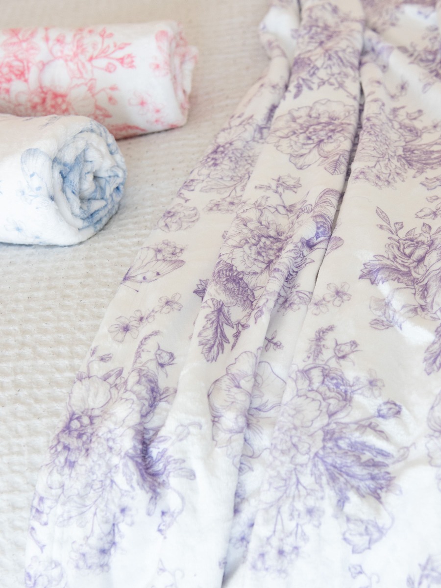 Wisteria Purple Butterfly Garden Toile Throw Printed Plush Minky Blanket