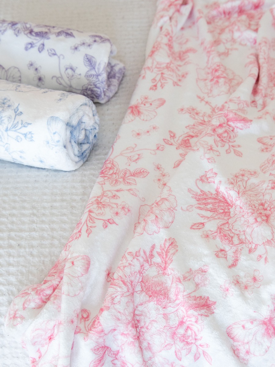 Bubblegum Pink Butterfly Garden Toile Kid Printed Plush Minky Blanket