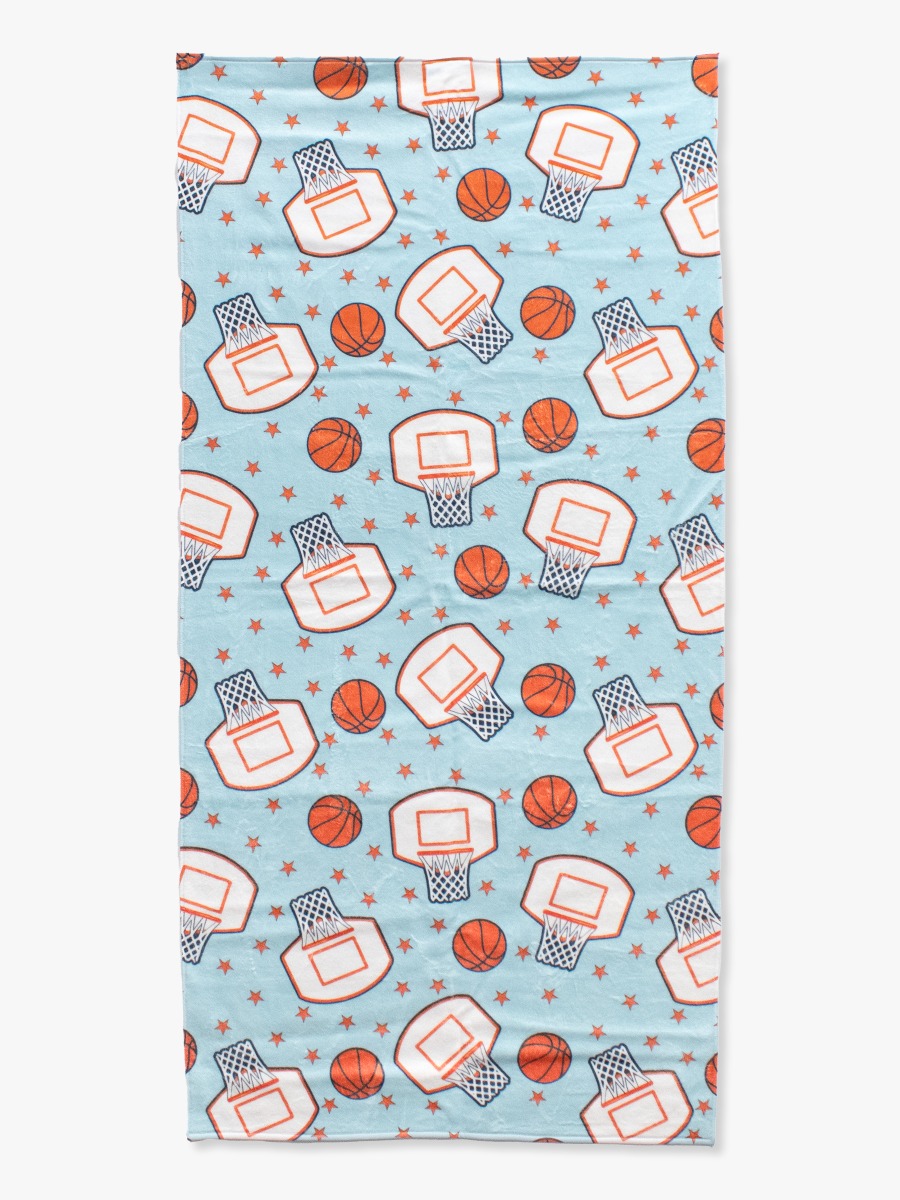 Line drawing of Basketball Star Printed Beach Towel. A dotted circle indicates the approximate location for personalization.