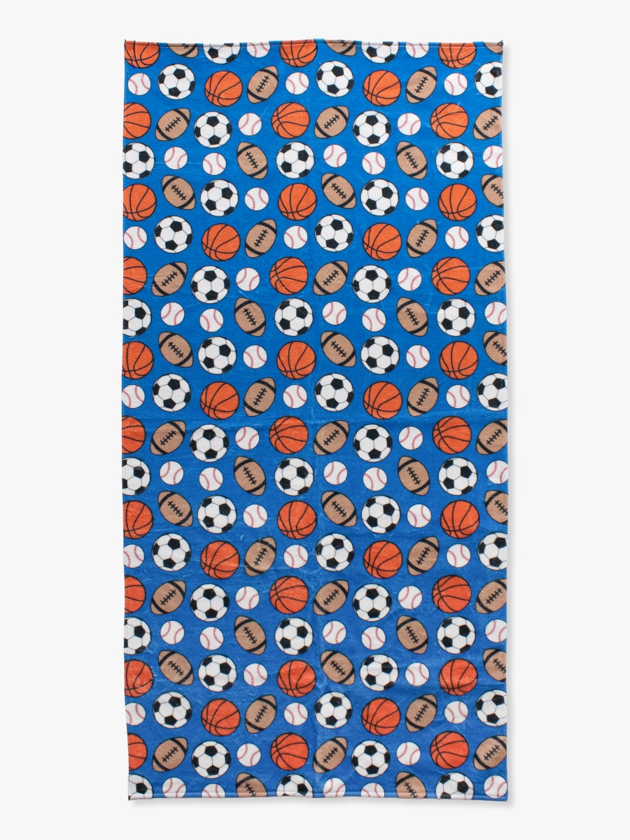Line drawing of All-Star Action Printed Beach Towel. A dotted circle indicates the approximate location for personalization.