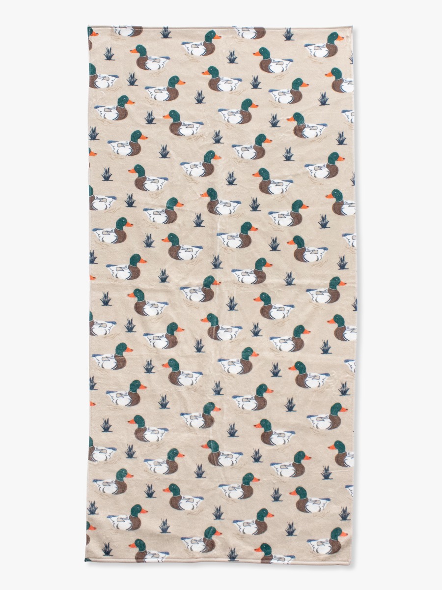 Line drawing of Mallard Marsh Printed Beach Towel. A dotted circle indicates the approximate location for personalization.