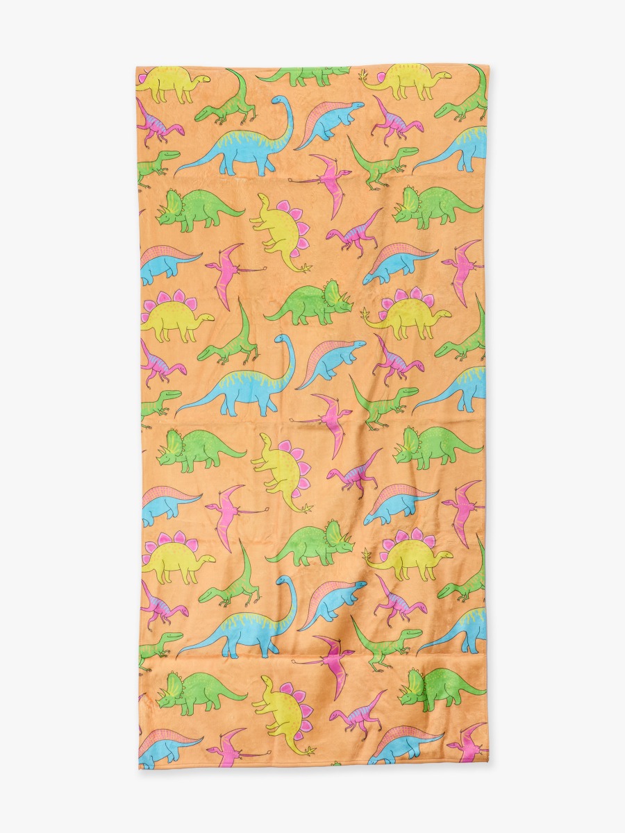Line drawing of Neon Dino Printed Beach Towel. A dotted circle indicates the approximate location for personalization.