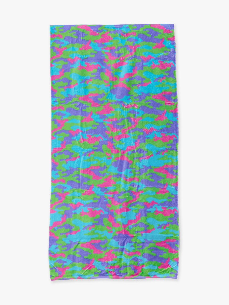 Line drawing of Neon Camo Printed Beach Towel. A dotted circle indicates the approximate location for personalization.
