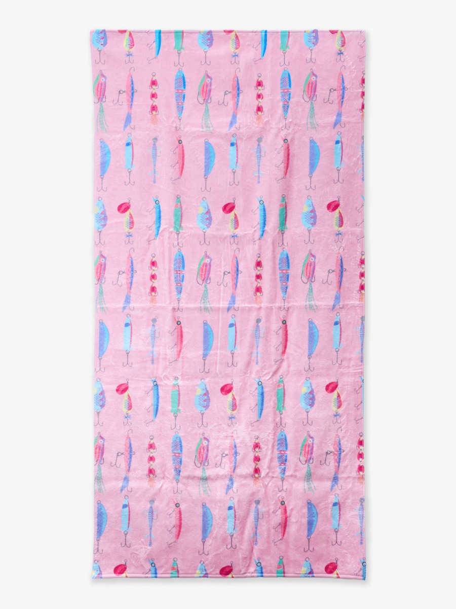 Line drawing of Pink Gone Fishin Printed Beach Towel. A dotted circle indicates the approximate location for personalization.