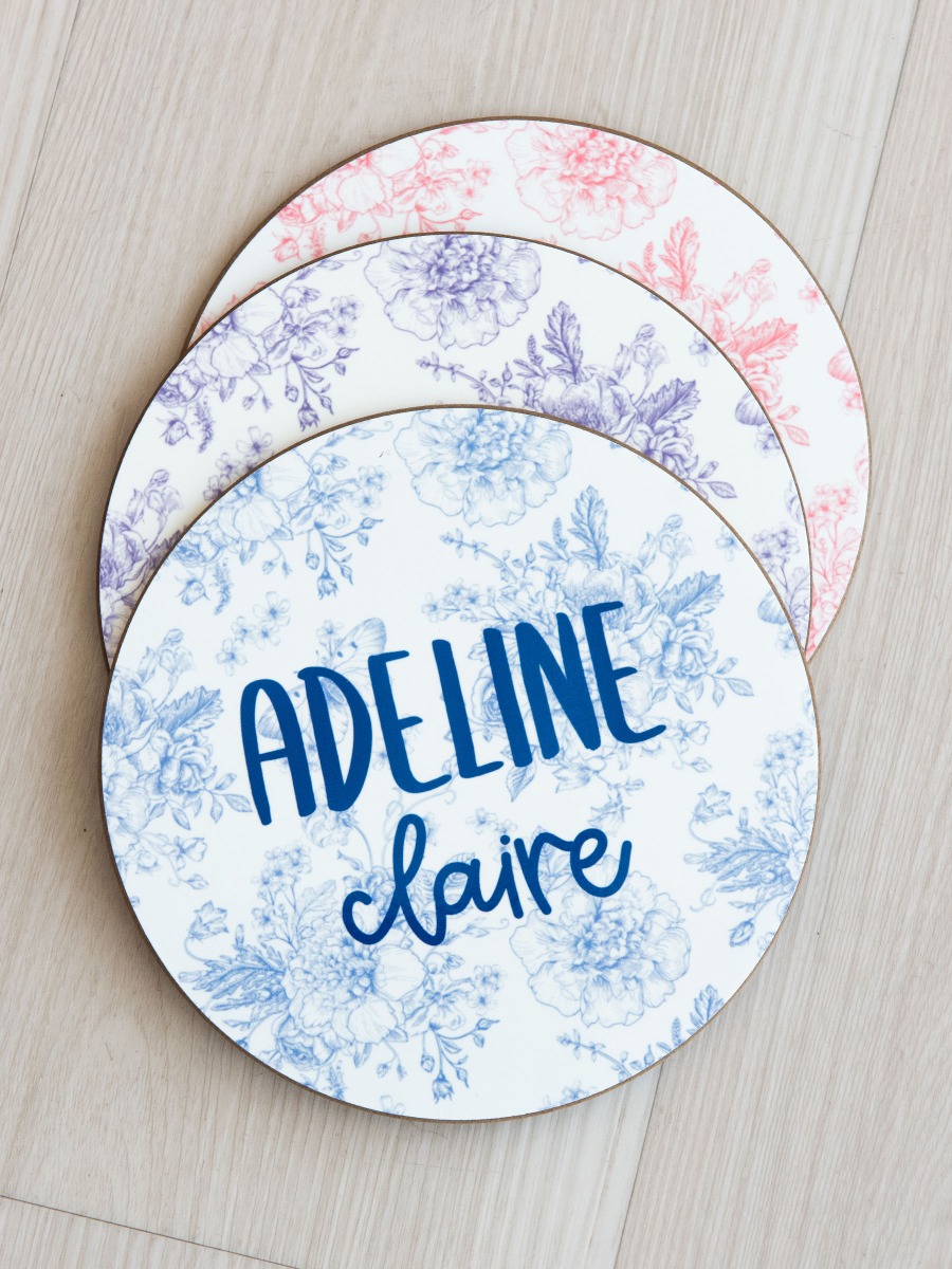 Periwinkle Blue Butterfly Garden Toile Printed Personalized Baby Name Sign - 6" Round