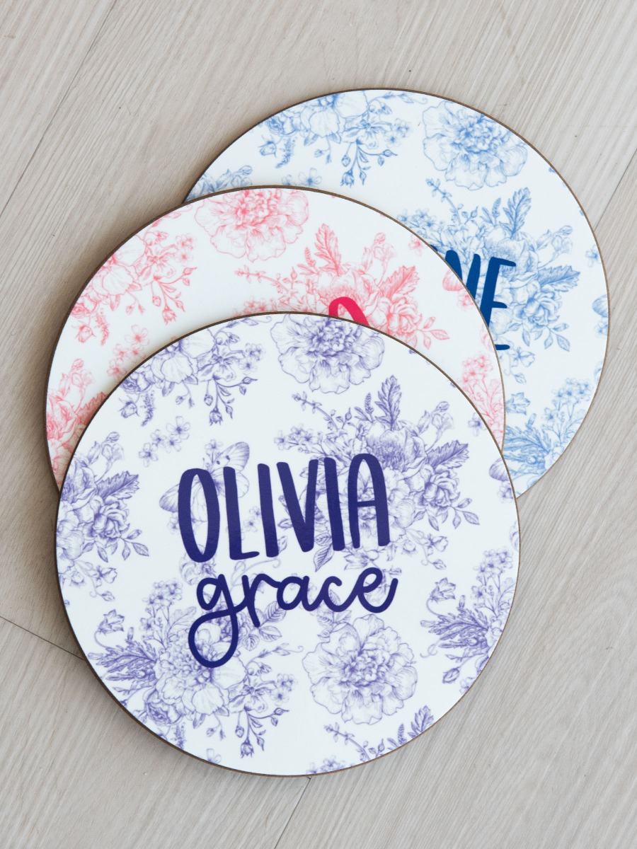 Wisteria Purple Butterfly Garden Toile Printed Personalized Baby Name Sign - 6" Round