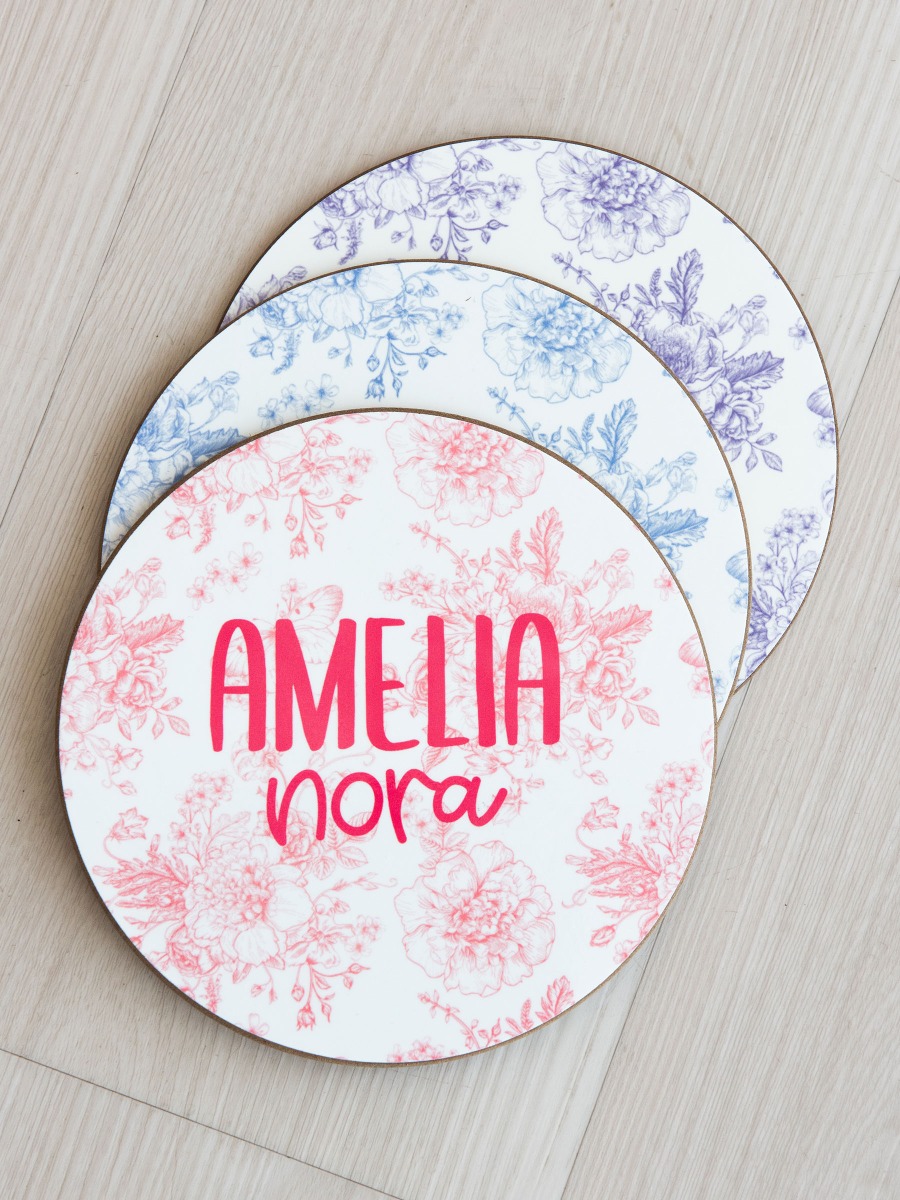 Bubblegum Pink Butterfly Garden Toile Printed Personalized Baby Name Sign - 6" Round