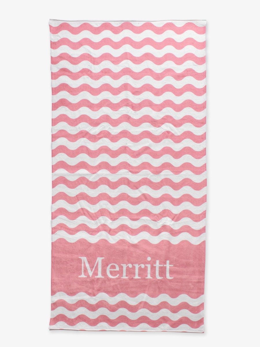 Line drawing of Bubblegum Pink Wavy Stripe Personalized Beach Towel. A dotted circle indicates the approximate location for personalization.
