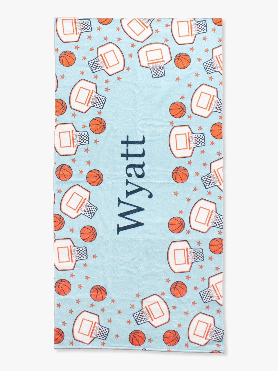 Line drawing of Basketball Star Personalized Beach Towel. A dotted circle indicates the approximate location for personalization.