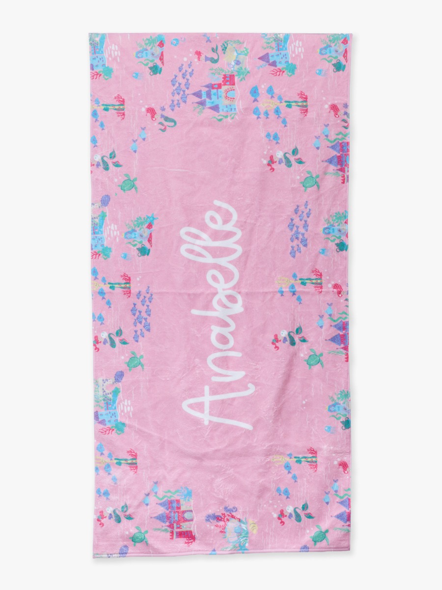 Line drawing of Atlantis Mermaids Personalized Beach Towel - 30&quot; x 60&quot;. A dotted circle indicates the approximate location for personalization.