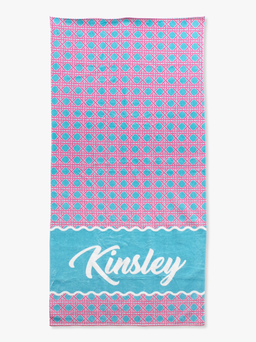 Line drawing of Neon Sorbet Cane Personalized Beach Towel. A dotted circle indicates the approximate location for personalization.