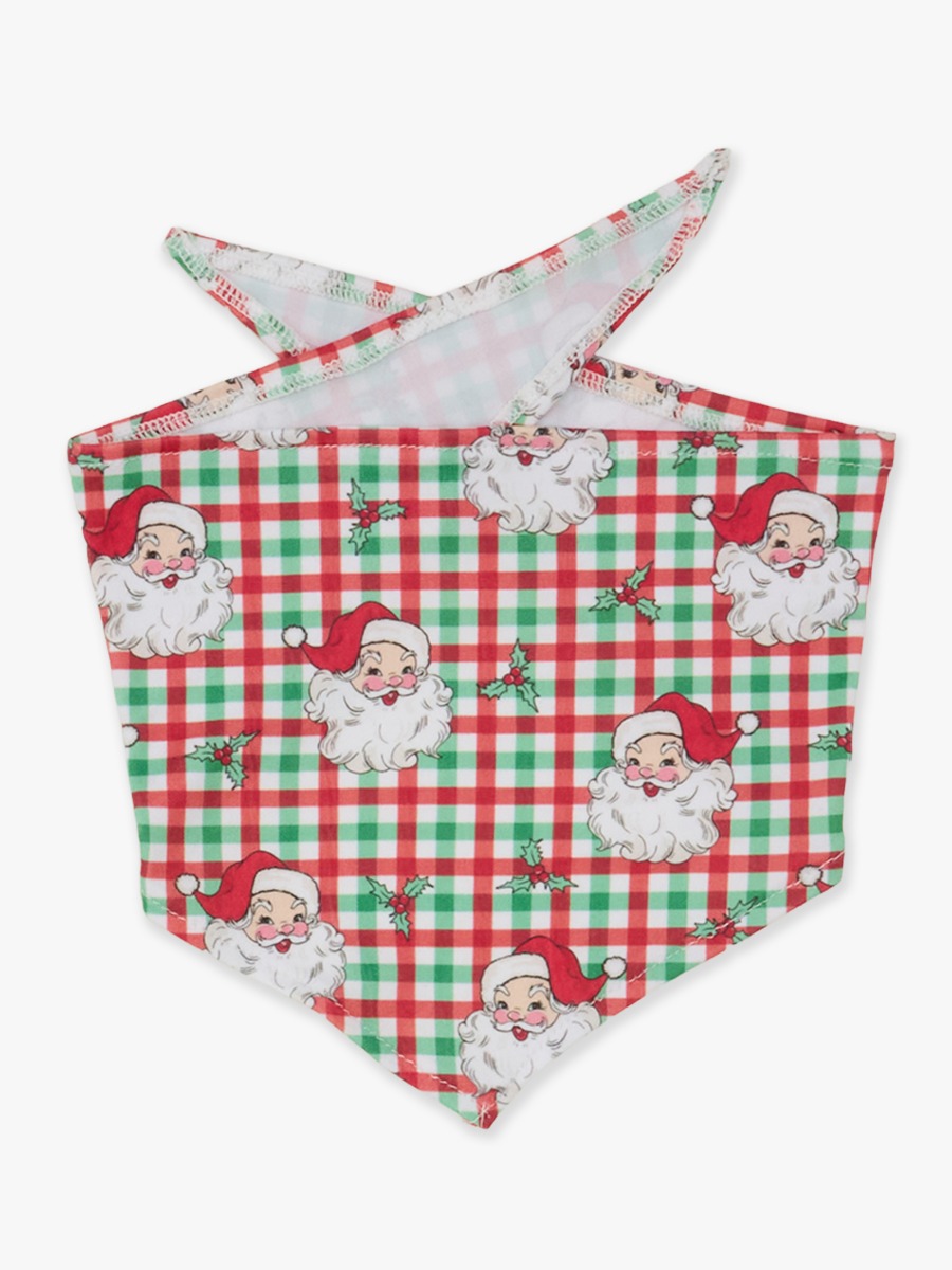 Line drawing of Red & Green Dear Santa Pet Bandana - S. A dotted circle indicates the approximate location for personalization.