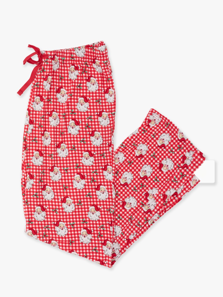 Line drawing of Red Dear Santa Adult Pajama Pants. A dotted circle indicates the approximate location for personalization.