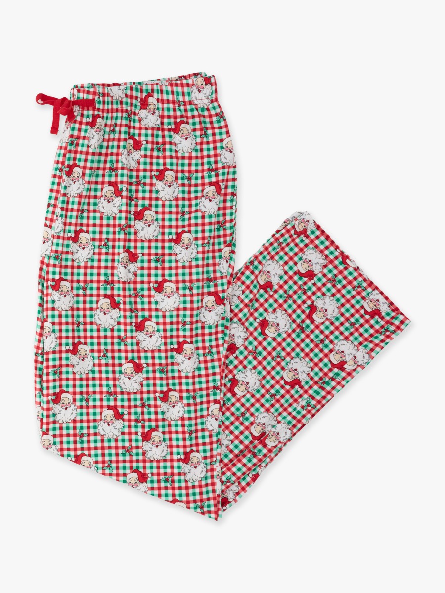 Line drawing of Red & Green Dear Santa Adult Pajama Pants, Bamboo Viscose. A dotted circle indicates the approximate location for personalization.