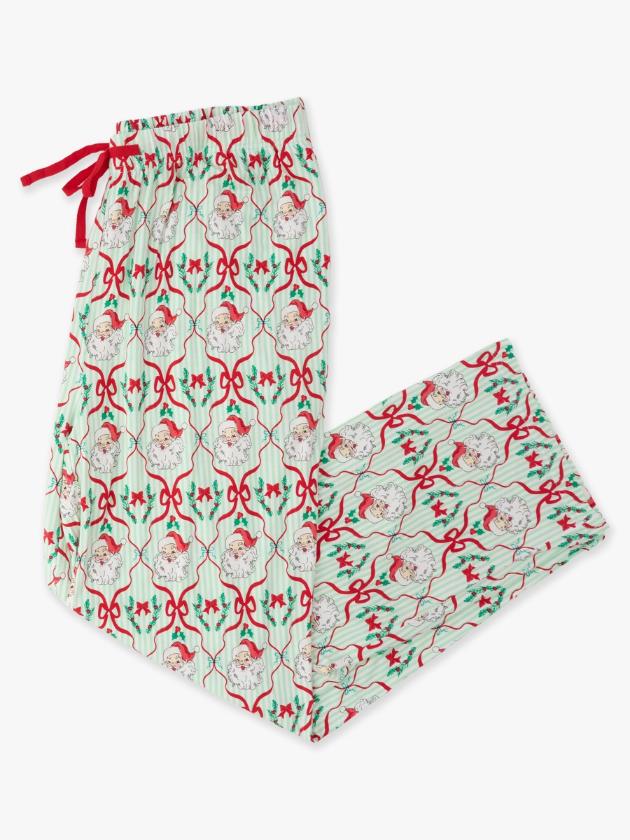 Line drawing of Green Stripe Dear Santa Adult Pajama Pants, Bamboo Viscose. A dotted circle indicates the approximate location for personalization.