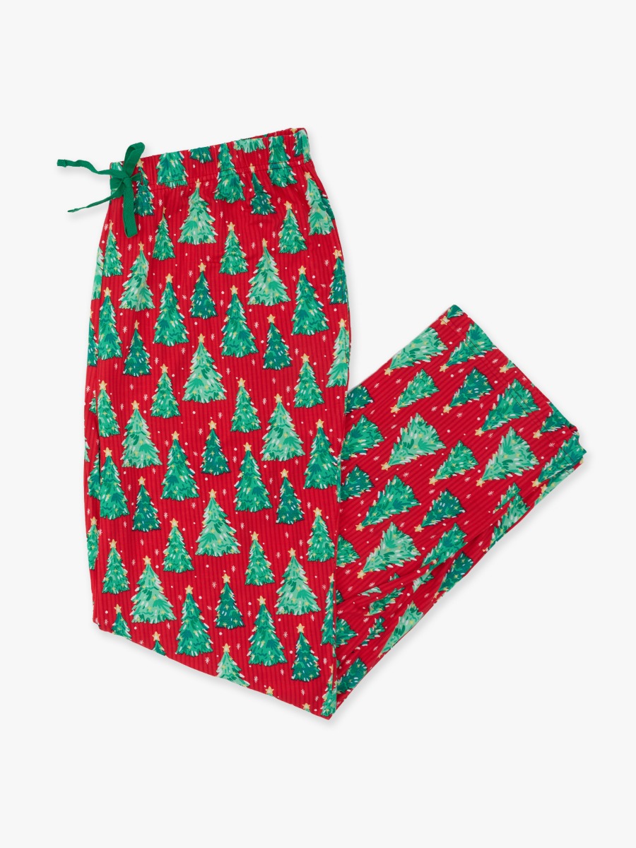 Line drawing of O Christmas Tree Adult Pajama Pants, Bamboo Viscose. A dotted circle indicates the approximate location for personalization.