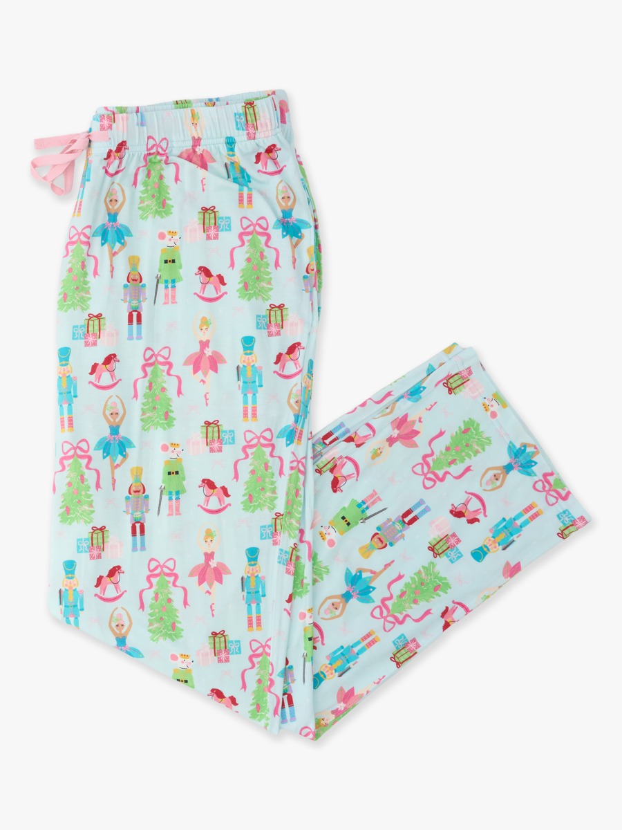 Line drawing of Nutcracker Wishes Adult Pajama Pants, Bamboo Viscose. A dotted circle indicates the approximate location for personalization.