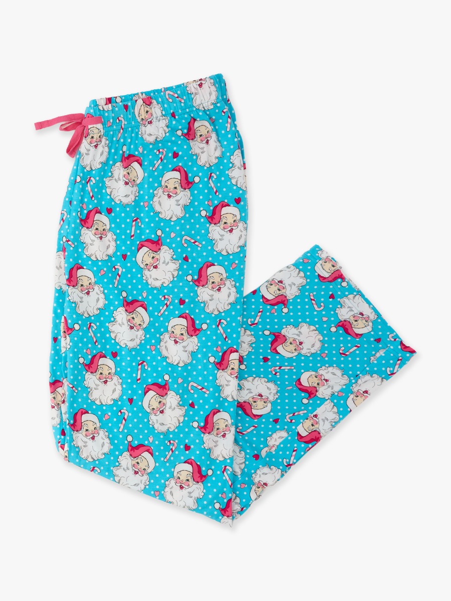 Line drawing of Blue Dots Santa Joy Adult Pajama Pants, Bamboo Viscose. A dotted circle indicates the approximate location for personalization.