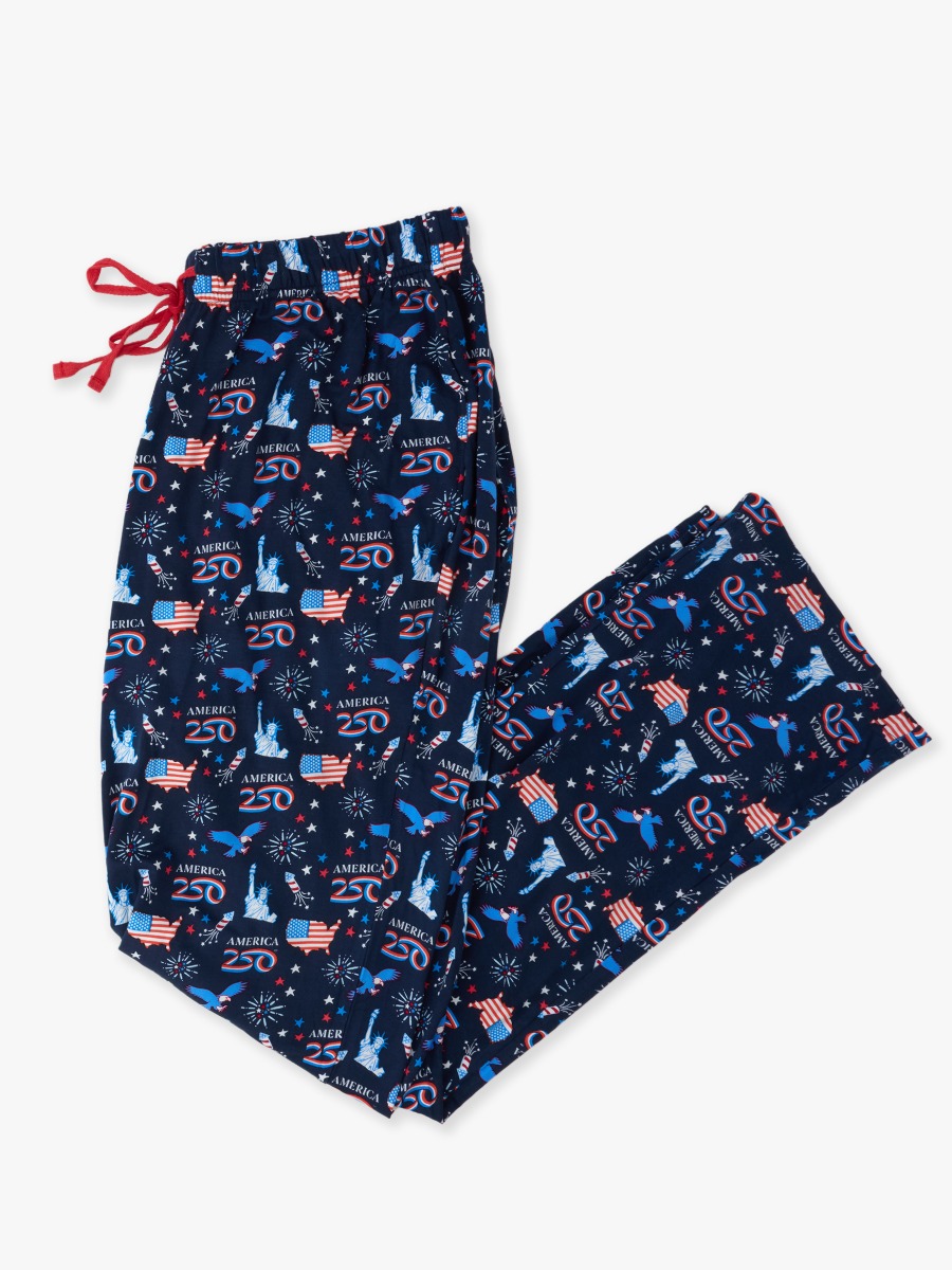 Line drawing of America250® Adult Pajama Pants, Bamboo Viscose. A dotted circle indicates the approximate location for personalization.