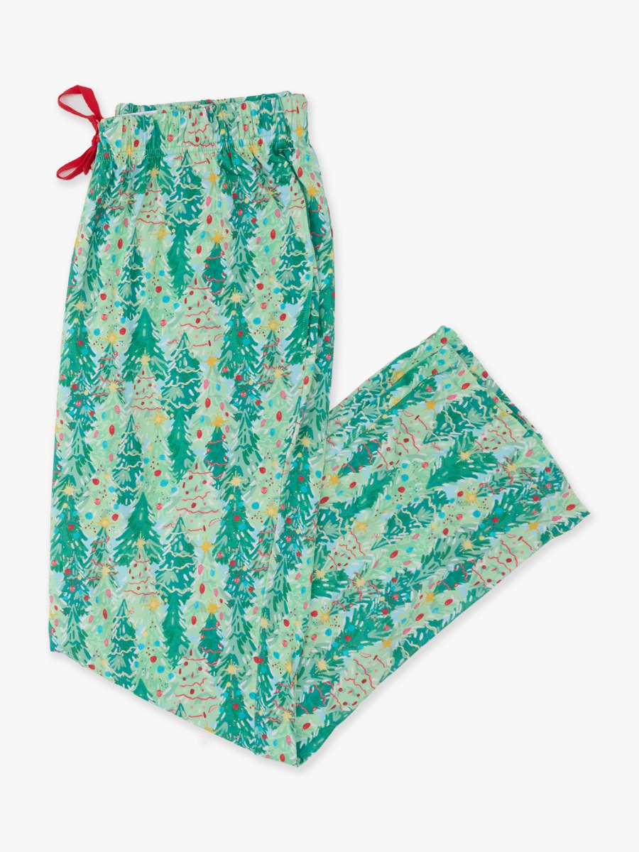Line drawing of Green Jolly Grove Adult Pajama Pants, Bamboo Viscose. A dotted circle indicates the approximate location for personalization.