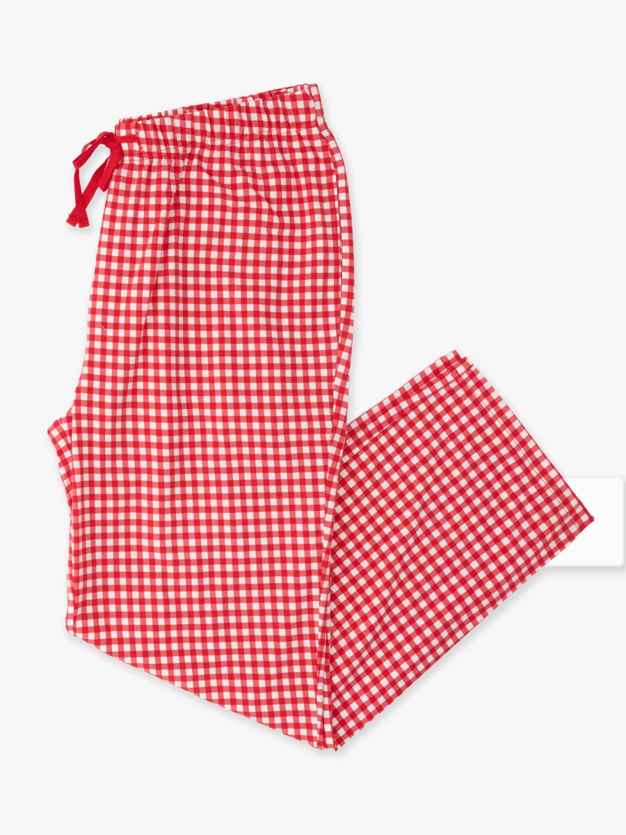 Line drawing of Red & White Gingham Adult Pajama Pants, Modal Blend. A dotted circle indicates the approximate location for personalization.